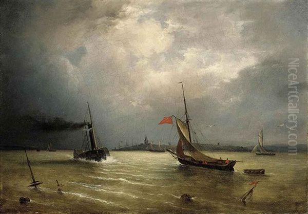 A Steamer And Other Vessels Off The Coast Oil Painting by Baron Jean Antoine Theodore Gudin