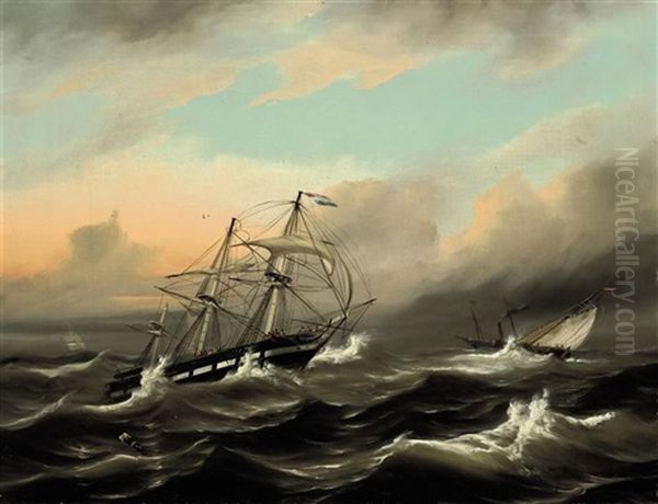 A Dutch Merchantman Running Before A Gale In The Channel With A Paddlesteamer And Pilot Cutter Off Her Port Beam Oil Painting by Baron Jean Antoine Theodore Gudin