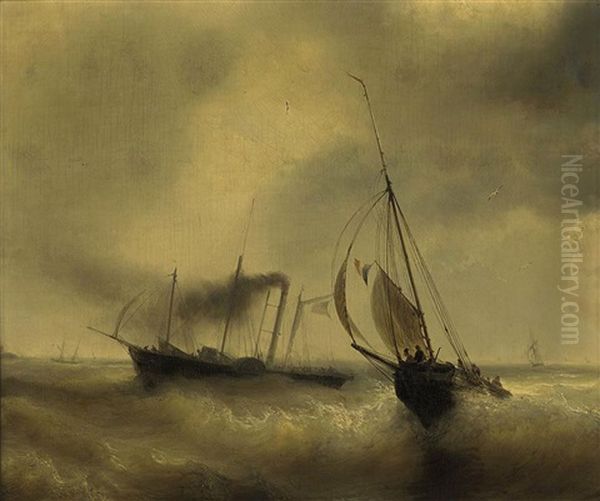 A Paddle Steamer Passing A French Fishing Vessel In Rough Waters Oil Painting by Baron Jean Antoine Theodore Gudin