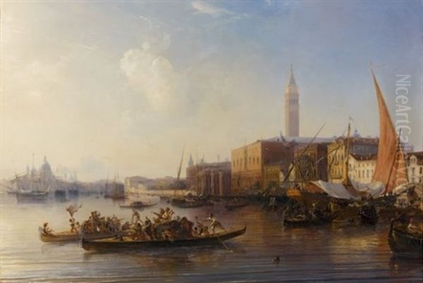 Vue De Venise, Le Depart Pour La Fete Du Lido Oil Painting by Baron Jean Antoine Theodore Gudin