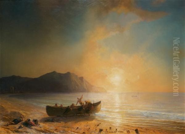 Rivage Mediterraneen Anime De Marins Grecs Oil Painting by Baron Jean Antoine Theodore Gudin