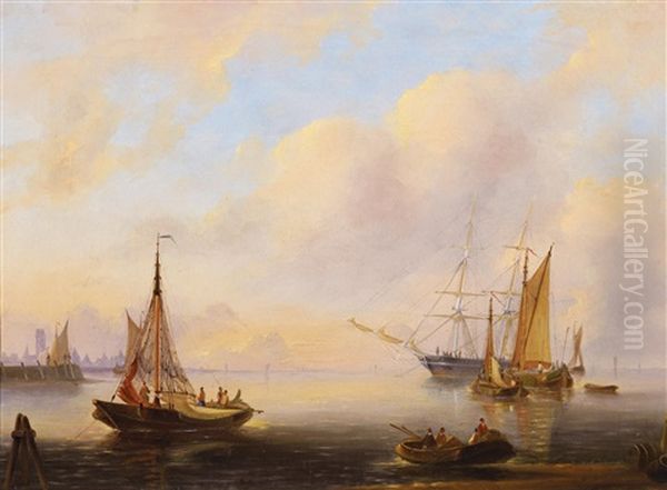 Vor Anker Liegende Segler An Der Kuste Oil Painting by Baron Jean Antoine Theodore Gudin