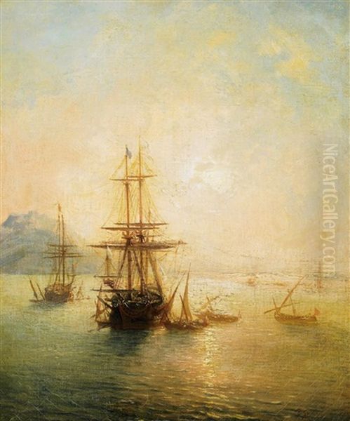 Englische Galeone Mit Der Flagge Von St. George Sowie Beiboote Und Segler Vor Gibraltar Oil Painting by Baron Jean Antoine Theodore Gudin