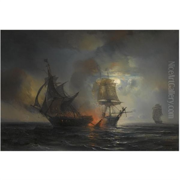 Sea Battle By Night Oil Painting by Baron Jean Antoine Theodore Gudin