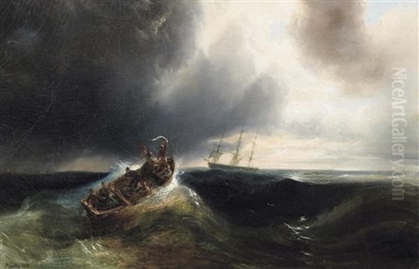 In Seenot. Segelschiffe Auf Sturmischer See Bei Aufziehendem Unwetter Oil Painting by Baron Jean Antoine Theodore Gudin