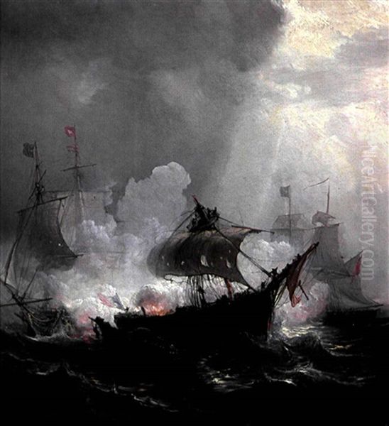 Combat Naval Entre Trois Voiliers Oil Painting by Baron Jean Antoine Theodore Gudin