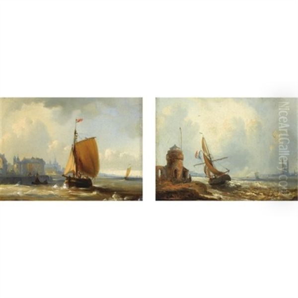 A Sailingvessel Along The Coast (+ Another Similar; Pair) Oil Painting by Baron Jean Antoine Theodore Gudin