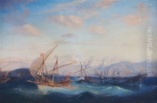 Battle At Sea Oil Painting by Baron Jean Antoine Theodore Gudin