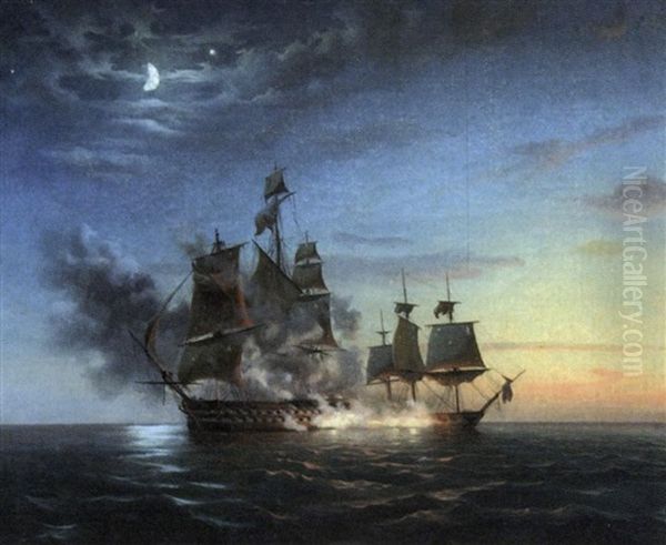 Scene De Combat Naval Oil Painting by Baron Jean Antoine Theodore Gudin