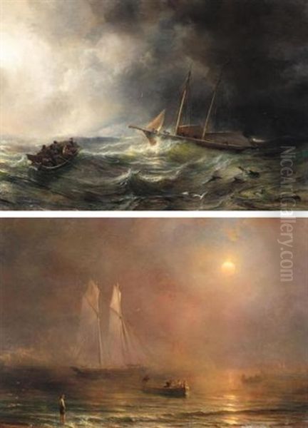 The Schooner "claymore" In A Storm (+ The Schooner "claymore" On Calm Seas; 2 Works) Oil Painting by Baron Jean Antoine Theodore Gudin