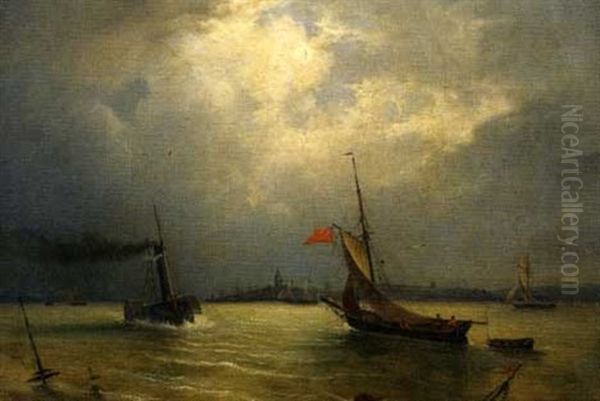 Bateaux En Mer. Oil Painting by Baron Jean Antoine Theodore Gudin