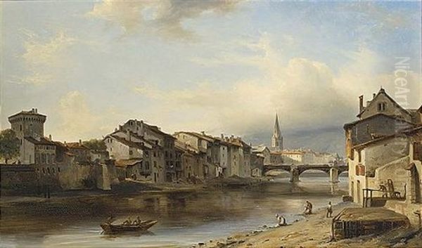 A Town By A River Oil Painting by Baron Jean Antoine Theodore Gudin