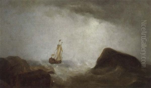 Sturmische Felsenkuste Mit Auslaufendem Schiff Oil Painting by Baron Jean Antoine Theodore Gudin