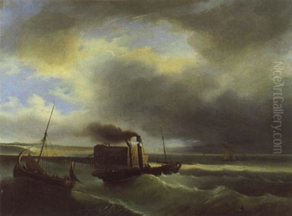 Vapeur Quittant Le Port Oil Painting by Baron Jean Antoine Theodore Gudin