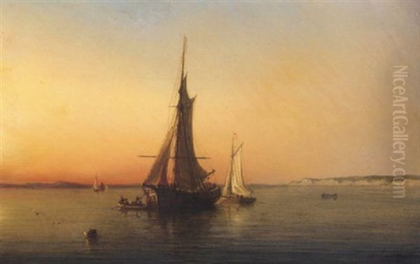 A Coaster Unloading At Dusk Off The Brittany Coast Oil Painting by Baron Jean Antoine Theodore Gudin