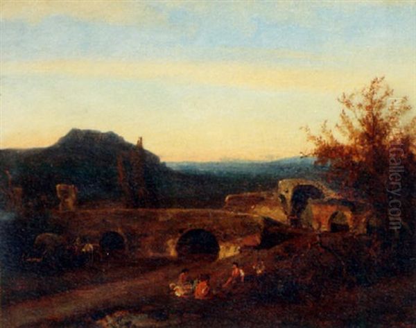 People Resting In A Ruin Landscape Oil Painting by Baron Jean Antoine Theodore Gudin