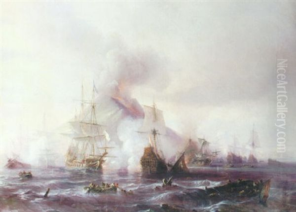 The Battle Of Alicudi Off Stromboli, 8th. January, 1676 Oil Painting by Baron Jean Antoine Theodore Gudin