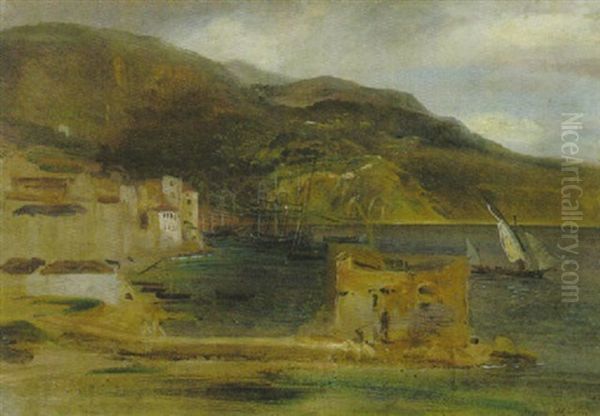 Sudliches Hafenstadtchen (amalfi?) Oil Painting by Baron Jean Antoine Theodore Gudin