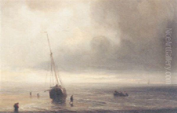 A Beached Fishing Boat With A Storm Approaching Oil Painting by Baron Jean Antoine Theodore Gudin