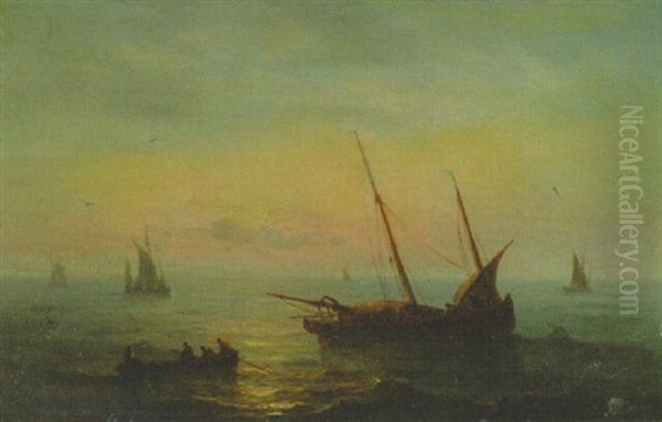 Fishing Boats At Sunset Oil Painting by Baron Jean Antoine Theodore Gudin