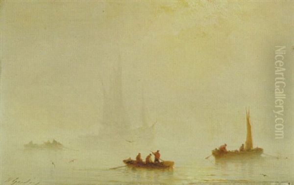 Fishing Boats At Dusk Oil Painting by Baron Jean Antoine Theodore Gudin