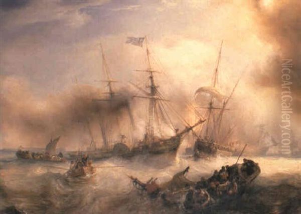 A Naval Engagement With Greek Sailors Oil Painting by Baron Jean Antoine Theodore Gudin