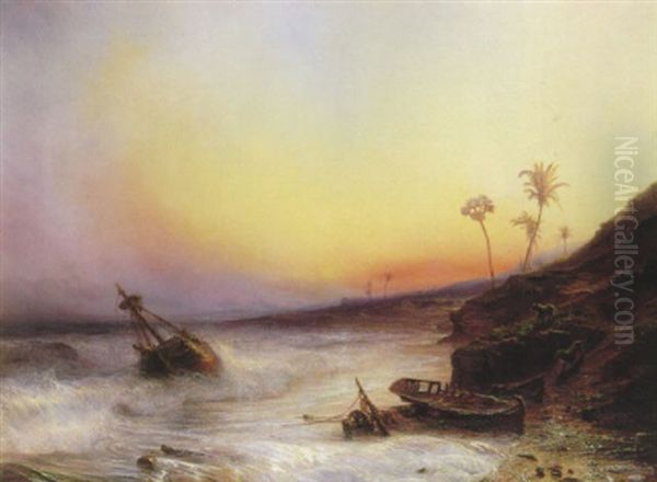 A Tropical Coastal Landscape With A Wrecked Sailing-vessel  In The Breakers, At Sunset Oil Painting by Baron Jean Antoine Theodore Gudin