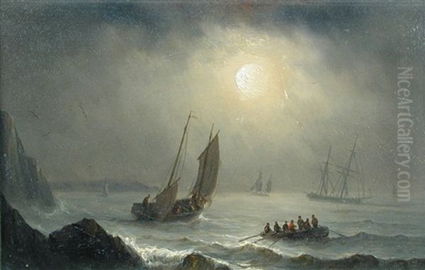 Sailing Ships In Stormy Seas; Fishing Boats At Sunset by Henriette Gudin