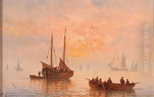 Sailing Ships In The Evening Light Oil Painting by Henriette Gudin