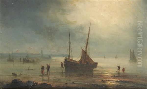 Pecheurs Pres D'un Bateau Dans La Brume Oil Painting by Henriette Gudin