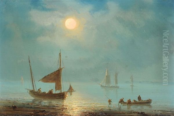 Fischerboote Im Mondeslicht Oil Painting by Henriette Gudin