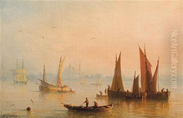 Vessels On The Bosphorus, Hagia Sophia Mosque Beyond Oil Painting by Henriette Gudin