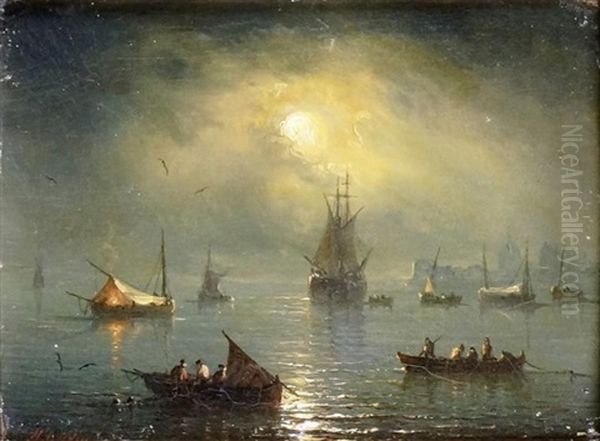 Bateau Dans La Rade Au Clair De Lune Oil Painting by Henriette Gudin