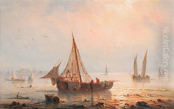 Fishing Boats In Sunset Oil Painting by Henriette Gudin