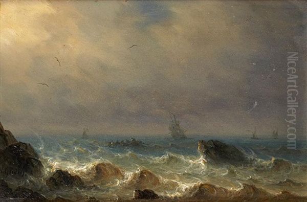 Marine Par Temps Calme Et Marine Par Gros Temps (pair) Oil Painting by Henriette Gudin