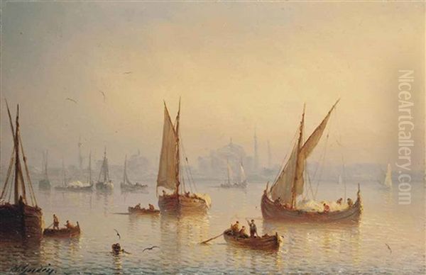 Vessels On The Bosphourus, Hagia Sophia Mosque Beyond Oil Painting by Henriette Gudin