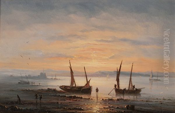 Fishermen Returning Home At Sunset Oil Painting by Henriette Gudin