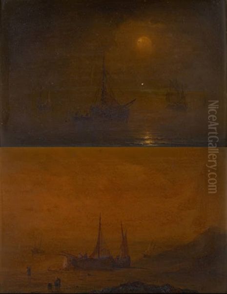 Marines Au Coucher Du Soleil Et Lever Du Soleil (2 Works) Oil Painting by Henriette Gudin