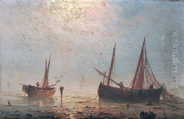 Bateaux De Peche Echoues Au Couchant Oil Painting by Henriette Gudin