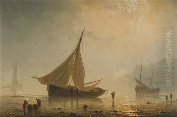 Fishing Boats In A Calm Oil Painting by Henriette Gudin