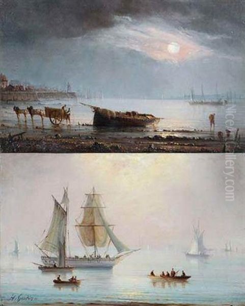 Marine Soleil Levant (+ Marine Soleil Couchant; Pair) Oil Painting by Henriette Gudin