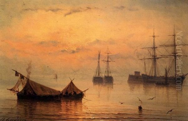 Barques De Pecheurs, Au Loin Des Navires Oil Painting by Henriette Gudin