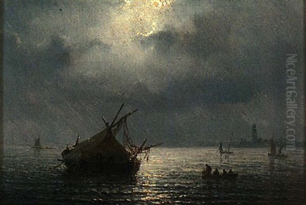 Bateaux De Peche Au Clair De Lune Oil Painting by Henriette Gudin