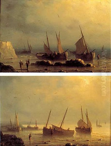 Pecheurs Et Leurs Barques Pres Du Rivage (+ Another Similar; 2 Works) Oil Painting by Henriette Gudin