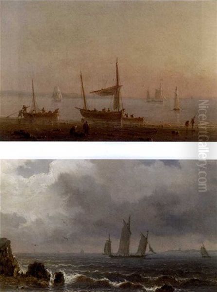 Low Tide At Dusk (+ A Threemaster Off A Rocky Coast; Pair) Oil Painting by Henriette Gudin