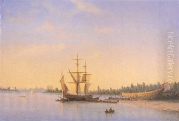 Voiliers Et Barques De Peche Sur La Riviere Oil Painting by Henriette Gudin