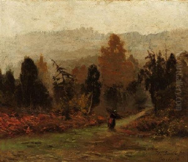 Holzsammlerin Im Wald Von Barbizon Oil Painting by Henriette Gudin