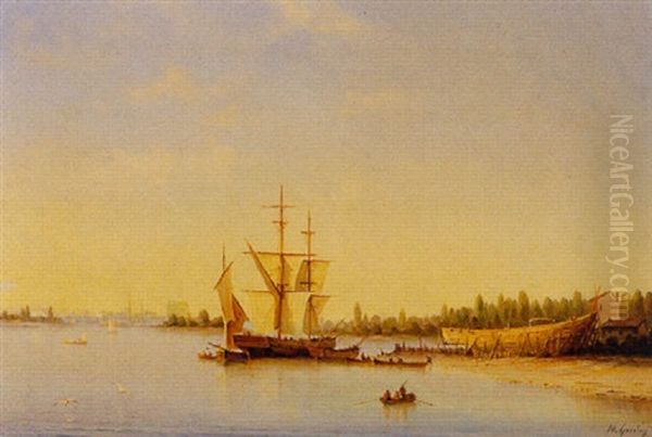 Shipping In A Bay Near A Shipyard Oil Painting by Henriette Gudin