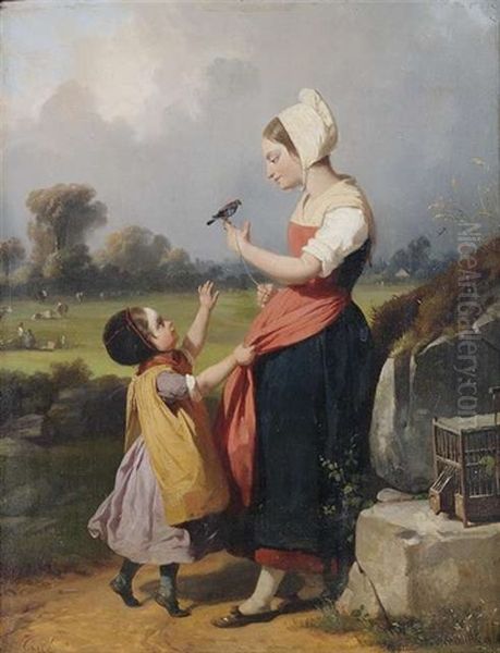 Mutter Und Kind Mit Einem Singvogel Vor Landschaftshintergrund Oil Painting by Jean-Marie-Oscar Gue