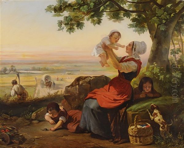 La Famille Sous L'arbre Pendant La Moisson Oil Painting by Julien Michel Gue